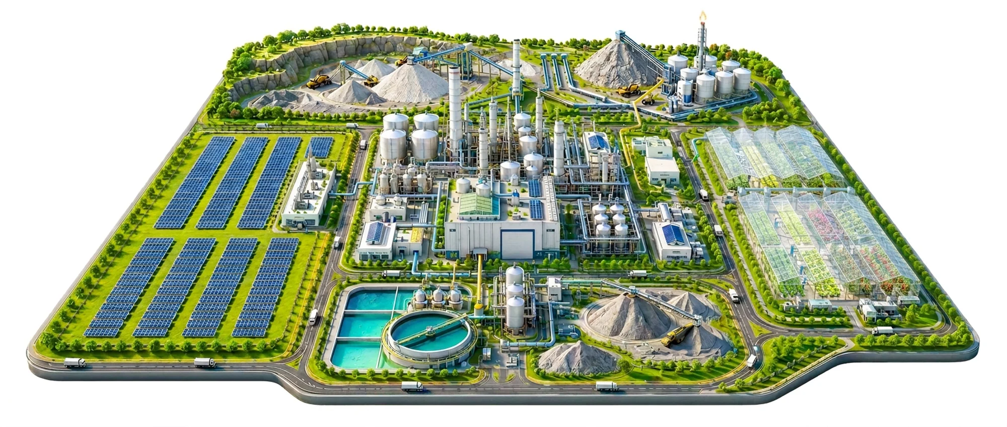 Aerial view of the integrated complex — solar farm, chemical plant, greenhouses and gold-recovery areas on one site