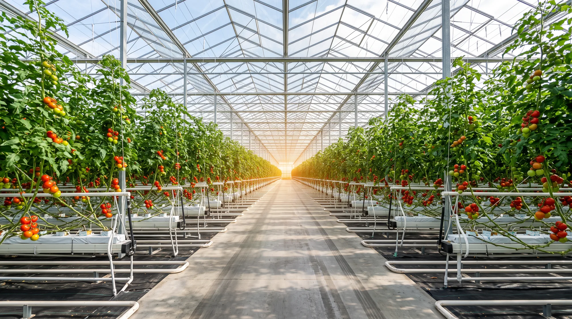 Inside a vast modern greenhouse — rows of ripe tomato vines under a bright glass roof