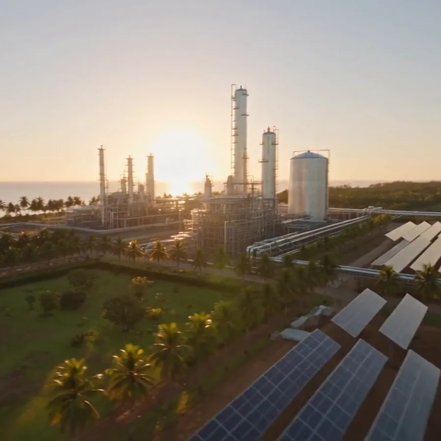 Aerial view of the planned chemical complex at golden hour — clean white towers beside the Atlantic, ringed by solar arrays and palm parkland