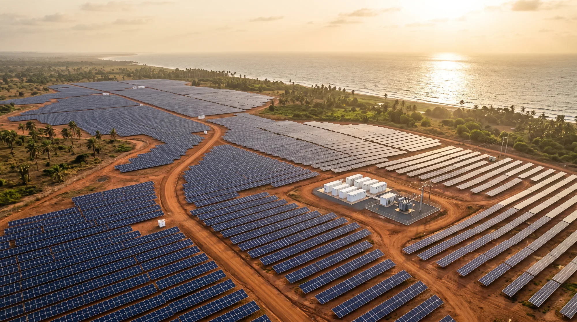 Aerial view at golden hour of a large solar power plant with battery storage on Ghana's Atlantic coast